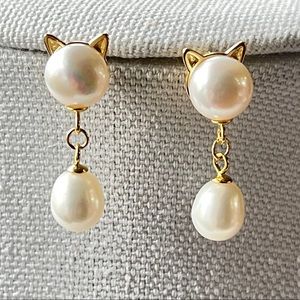 18K Gold Plated Over 925S Silver 8mm Freshwater Pearl Earrings Big Kitten Shaped
